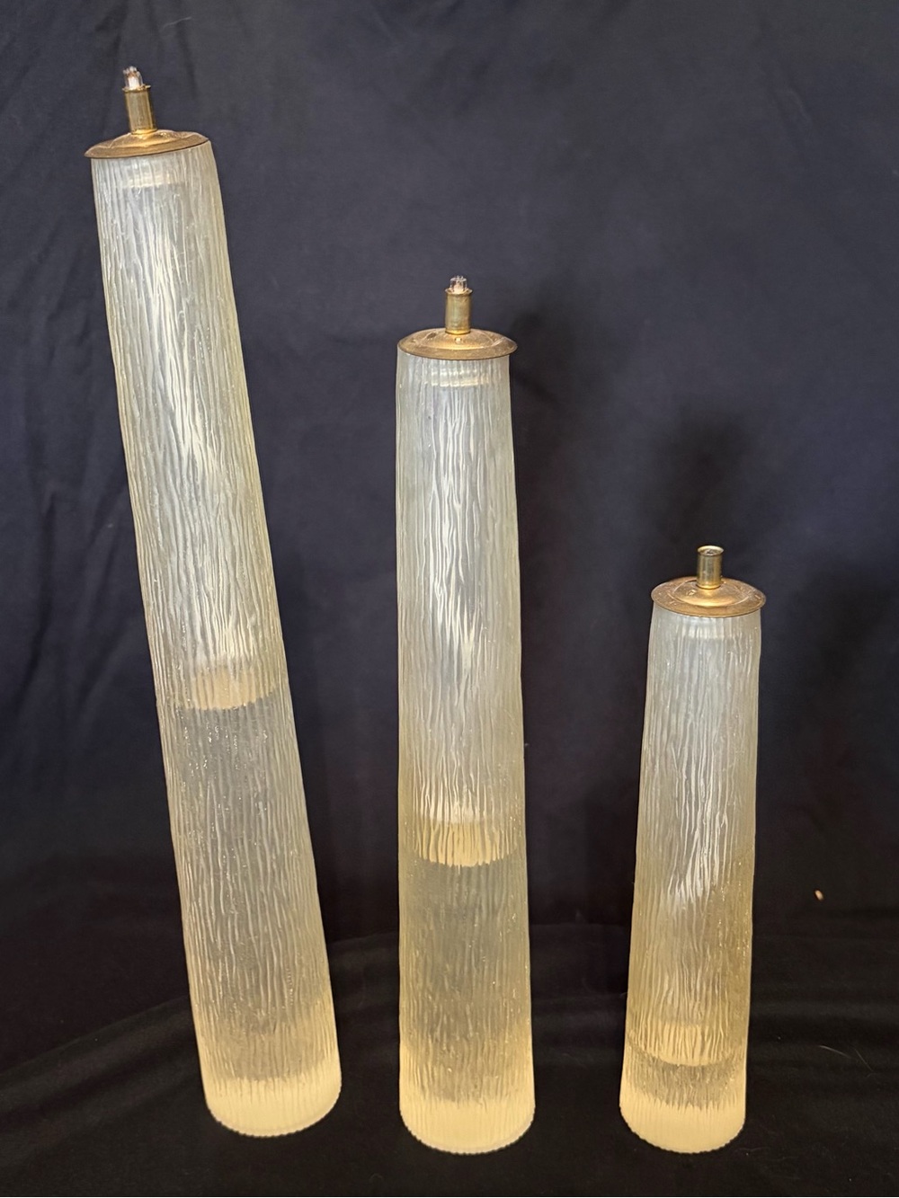 Textured Frosted Glass Taper Candle Holders in Cream with Brass Tops - Set of 3